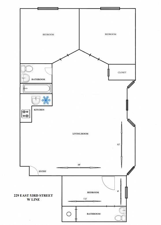 Floor plan for 3 beds, 2 baths